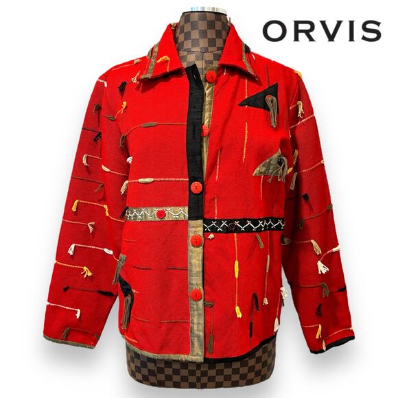 Orvis Funky Red Jacket Medium Shacket OpArt Avant Garde Southwestern Country - Picture 1 of 11